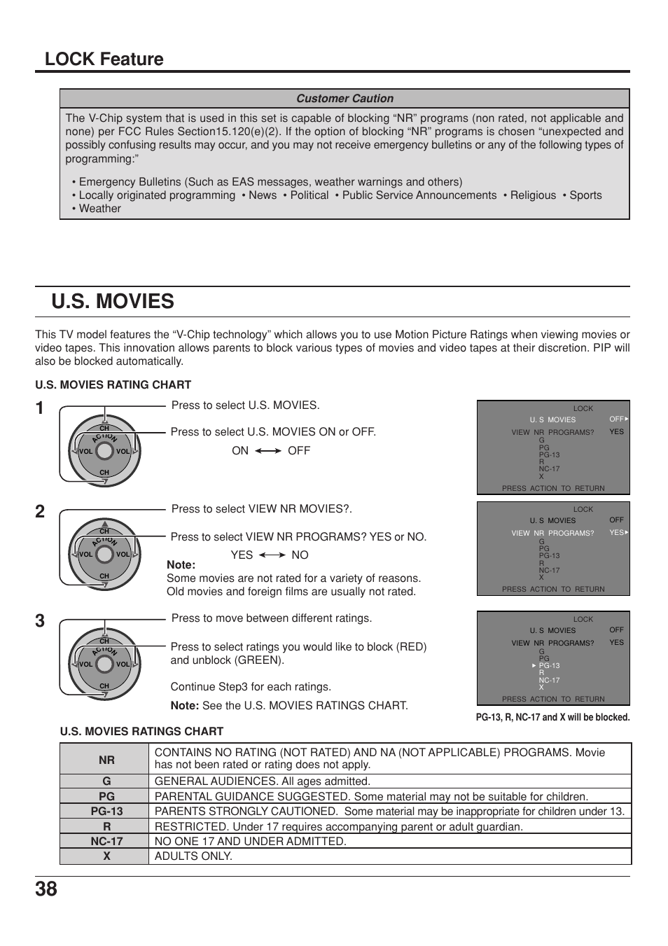 U.s. movies, Lock feature | Panasonic CT 34WX53 User Manual | Page 38 / 64
