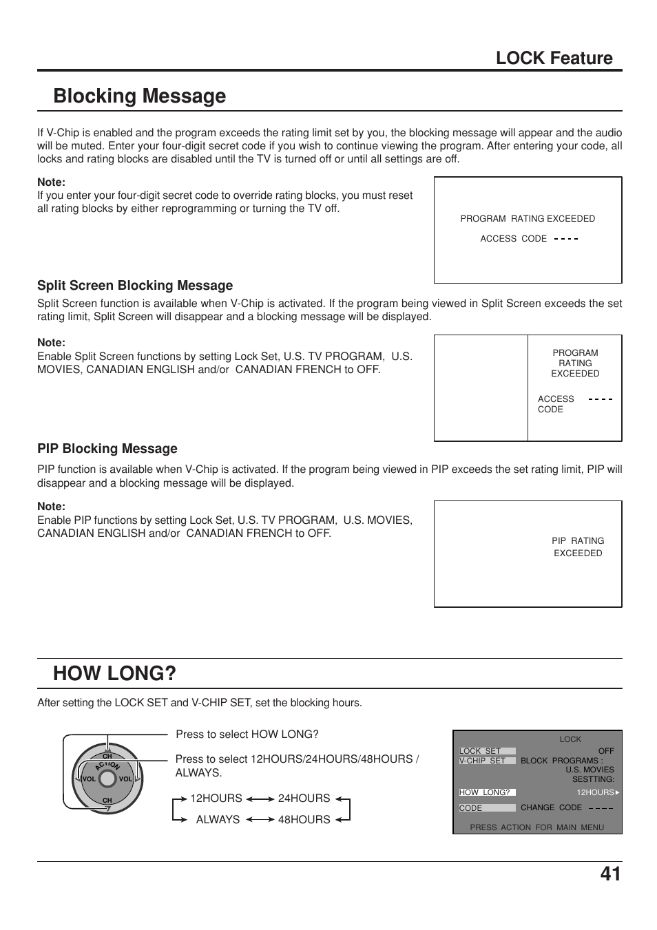 Blocking message, How long, 41 blocking message | Lock feature, Split screen blocking message, Pip blocking message | Panasonic CT 34WX53 User Manual | Page 41 / 64