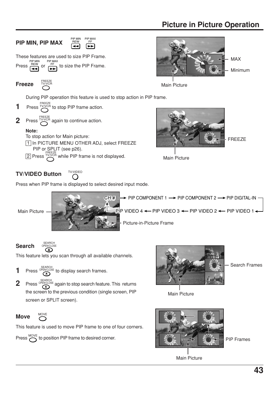 Picture in picture operation, Pip min, pip max freeze, Tv/video button | Search, Move | Panasonic CT 34WX53 User Manual | Page 43 / 64