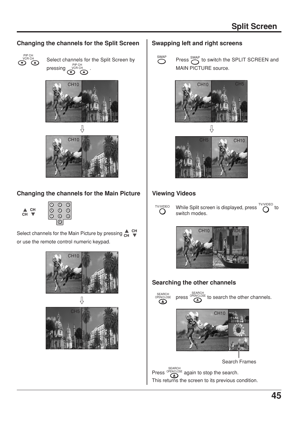 Split screen, Viewing videos, Searching the other channels | Panasonic CT 34WX53 User Manual | Page 45 / 64