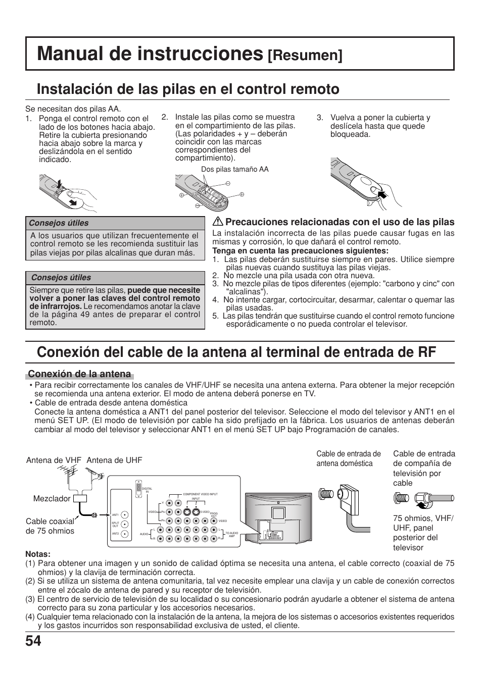 Manual de instrucciones [resumen, Instalacion de las pilas en el control remoto, Manual de instrucciones | Resumen, Precauciones relacionadas con el uso de las pilas, Conexión de la antena | Panasonic CT 34WX53 User Manual | Page 54 / 64