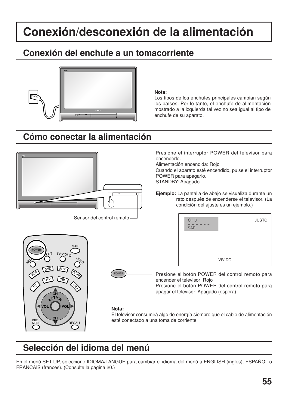 Conexion/desconexion de la alimentacion, Conexion del enchufe a un tomacorriente, Como conectar la alimentacion | Seleccion del idioma del menu, Conexión/desconexión de la alimentación, Conexión del enchufe a un tomacorriente, Cómo conectar la alimentación, Selección del idioma del menú | Panasonic CT 34WX53 User Manual | Page 55 / 64