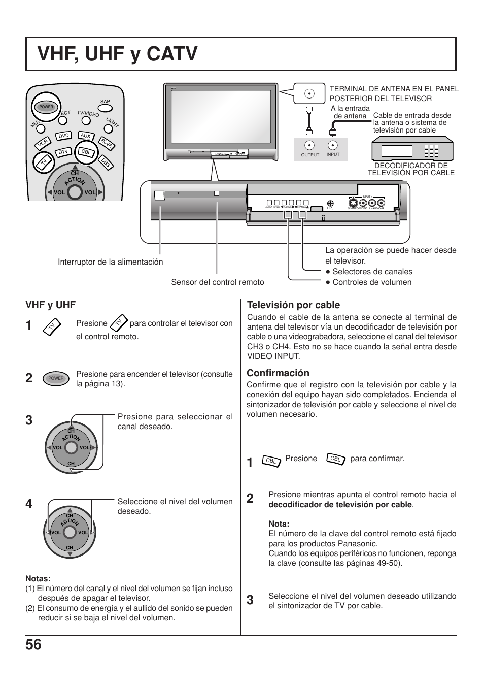 Vhf, uhf y catv, Vhf y uhf, Television por cable | Confirmación, Televisión por cable | Panasonic CT 34WX53 User Manual | Page 56 / 64