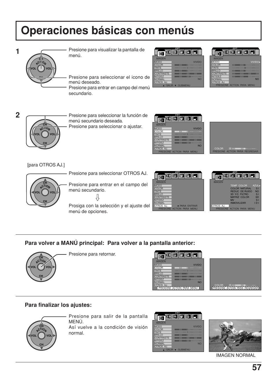 Operaciones basicas con menus, Operaciones básicas con menús, Para finalizar los ajustes | Presione para retornar, Imagen normal | Panasonic CT 34WX53 User Manual | Page 57 / 64