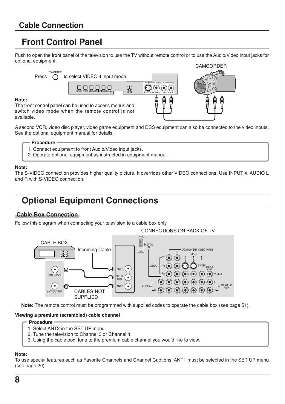 Front control panel, Optional equipment connections, Cable connection | Cable box connection, Press, Camcorder | Panasonic CT 34WX53 User Manual | Page 8 / 64
