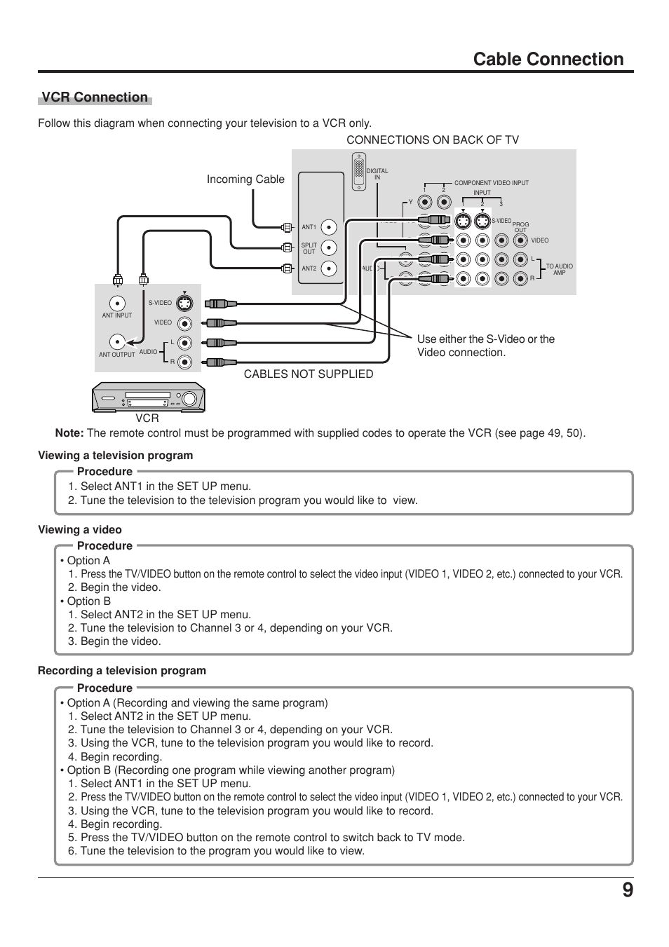 Cable connection, Vcr connection | Panasonic CT 34WX53 User Manual | Page 9 / 64