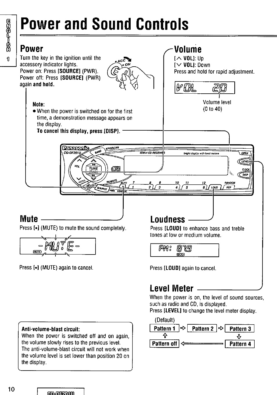 Power and sound controls, Power, Volume | Mute, Level meter, Rol s, 0 (c, Mute loudness | Panasonic CQ-DF201U User Manual | Page 10 / 72