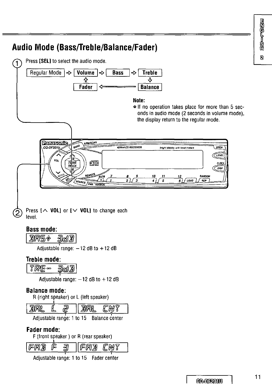 Audio ivlode (bass/treble/balance/fader), Treble mode, Balance mode | Fader mode | Panasonic CQ-DF201U User Manual | Page 11 / 72