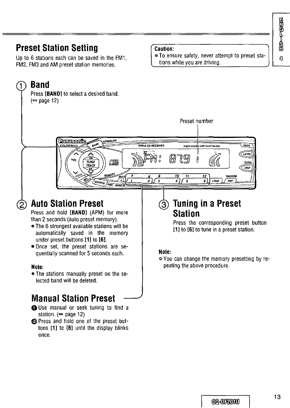 Preset station setting, Band, Auto station preset | Manual station preset, 3) tuning in a preset station | Panasonic CQ-DF201U User Manual | Page 13 / 72