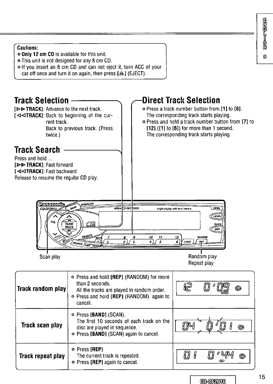 Track selection, Track search, Direct track selection | Track random play, Track scan play, Track repeat play, Ske(»(r | Panasonic CQ-DF201U User Manual | Page 15 / 72