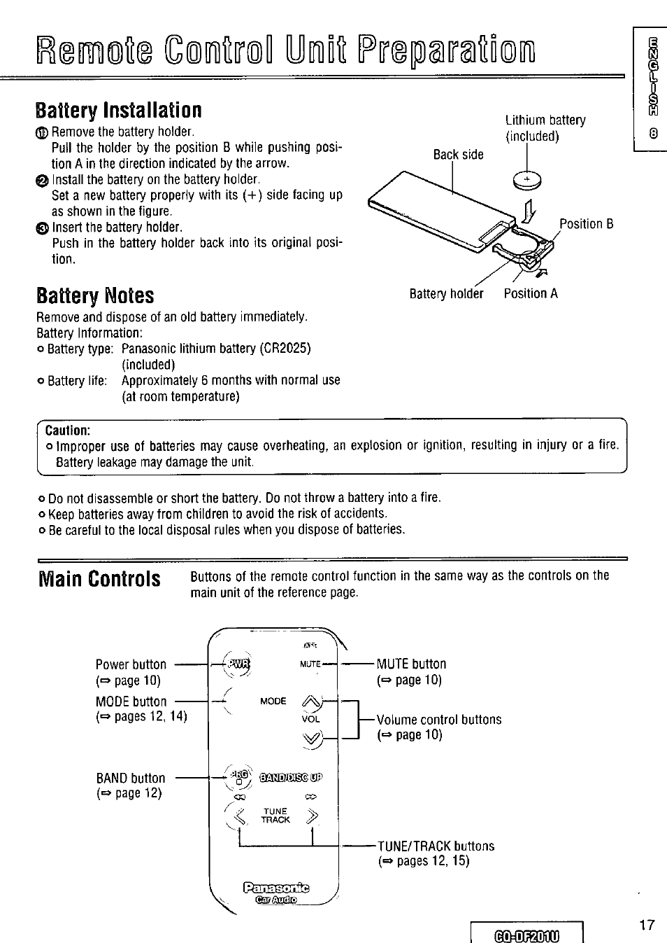 Battery installation, Battery notes | Panasonic CQ-DF201U User Manual | Page 17 / 72