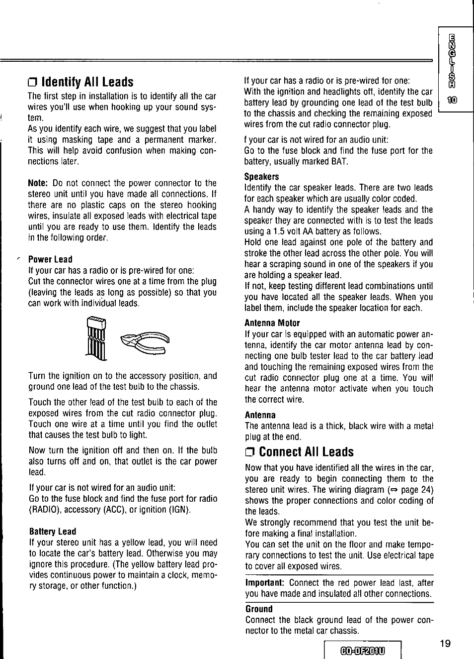 Identify all leads, Connect all leads | Panasonic CQ-DF201U User Manual | Page 19 / 72
