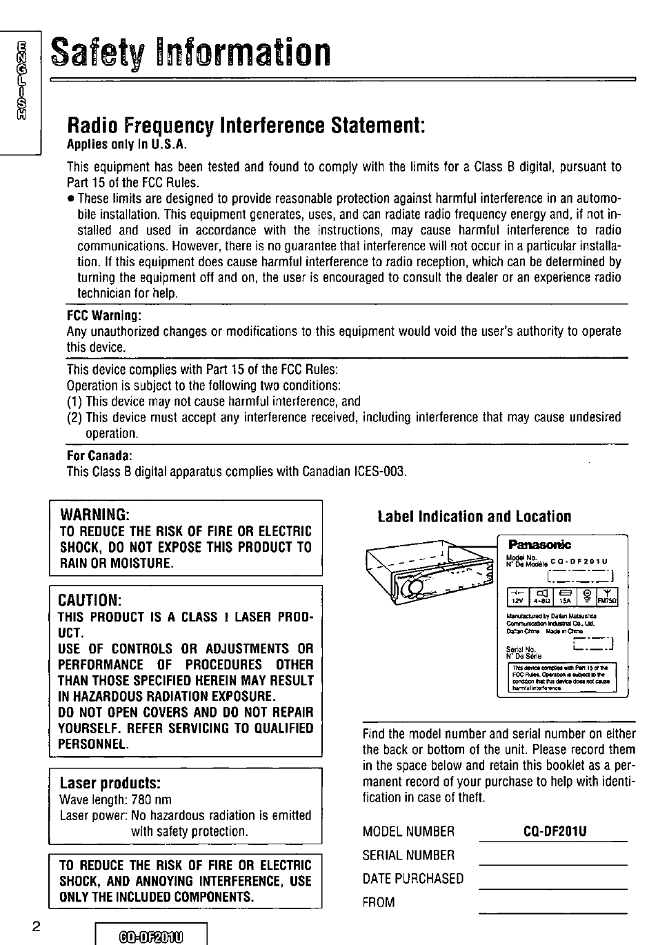 Radio frequency interference statement, For canada, Warning | Caution, This product is a uct, Use of controls performance of, Class 1 laser prod, Laser products, Label indication and location, Cq-df201u | Panasonic CQ-DF201U User Manual | Page 2 / 72