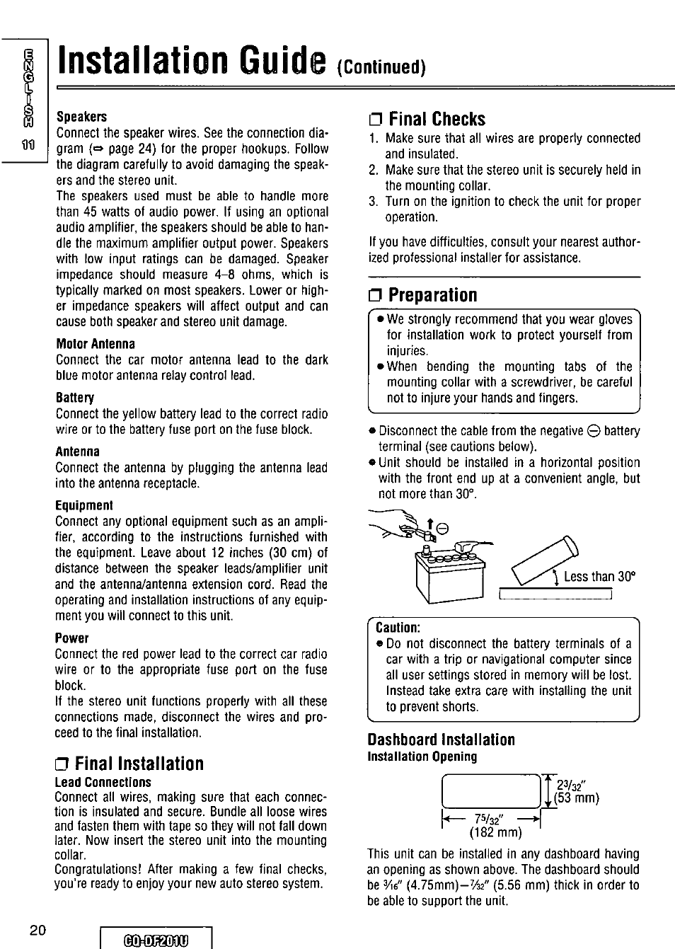 Installation guide (continued), Final installation, A final checks | Preparation, Dashboard installation | Panasonic CQ-DF201U User Manual | Page 20 / 72