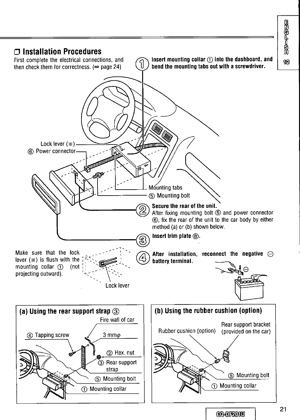 Installation procedures, B) using the rubber cushion (option), Installation guide | Panasonic CQ-DF201U User Manual | Page 21 / 72