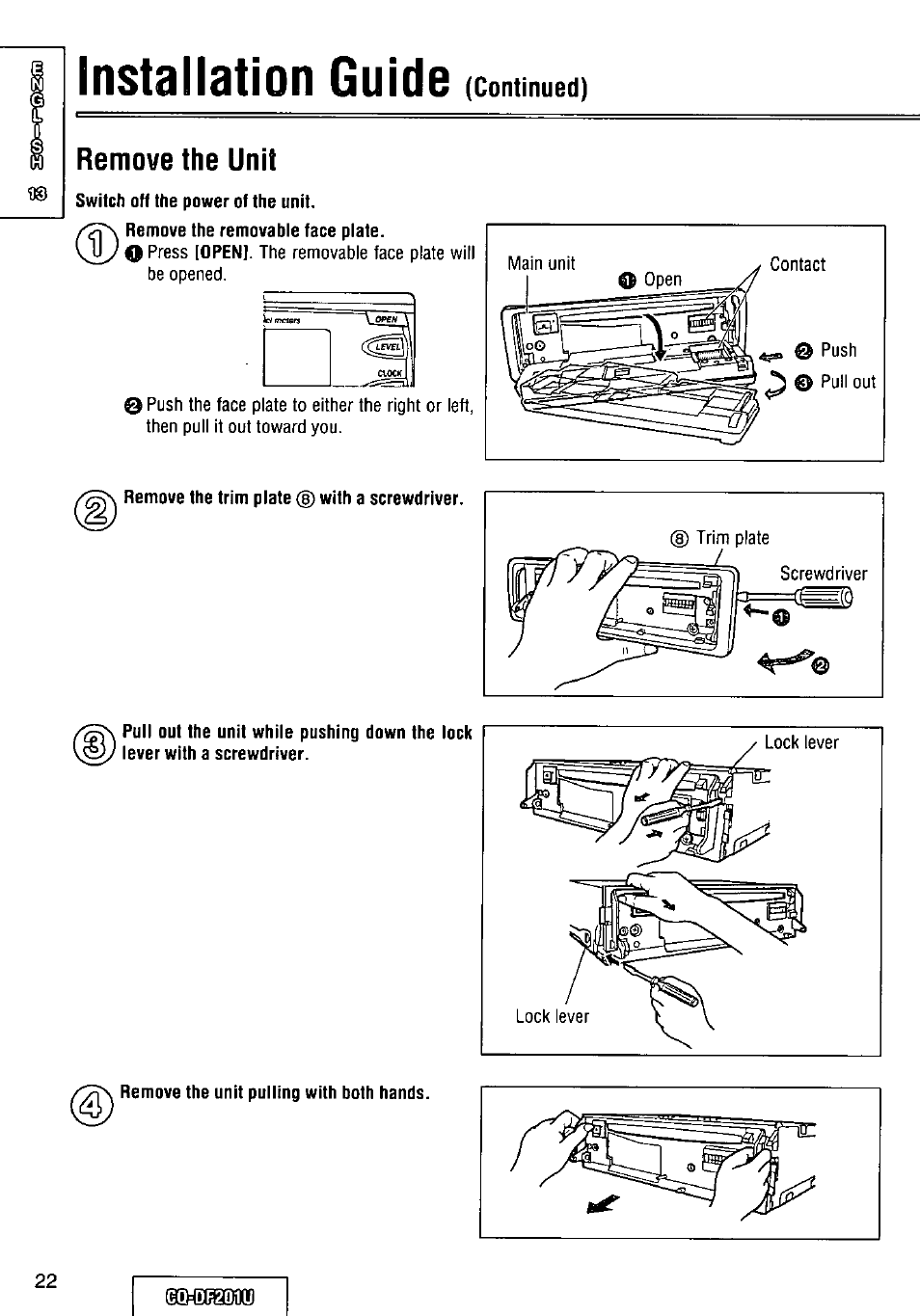 Installation guide, Remove the unit | Panasonic CQ-DF201U User Manual | Page 22 / 72