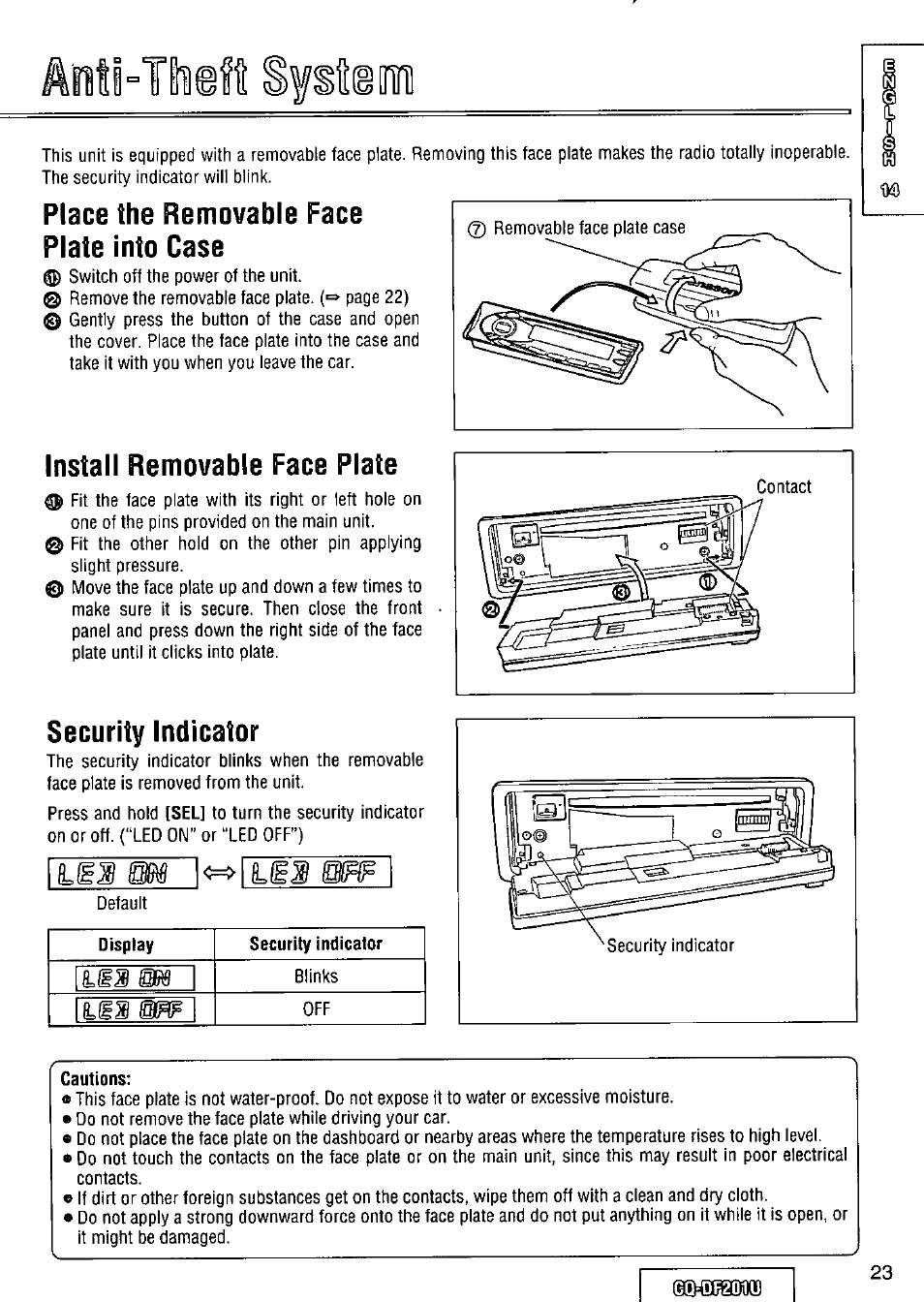 Place the removable face plate into case, Install removable face plate, Security indicator | M&mxs | Panasonic CQ-DF201U User Manual | Page 23 / 72