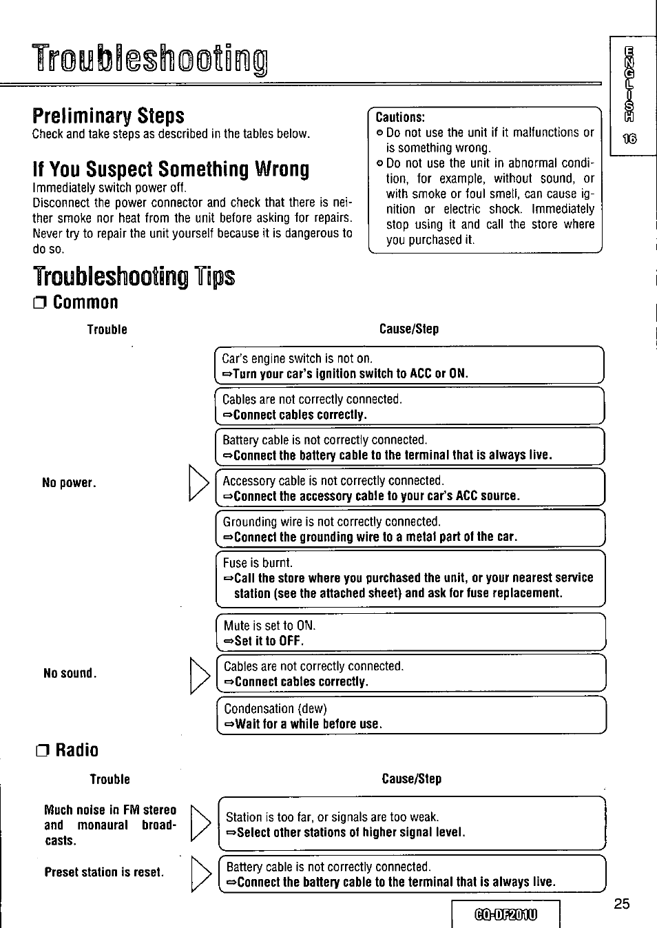 Troybiesiliitin, Preliminary steps, If you suspect something wrong | Troubleshooting tips, Common, Radio, Troubleshooting, Msmm | Panasonic CQ-DF201U User Manual | Page 25 / 72