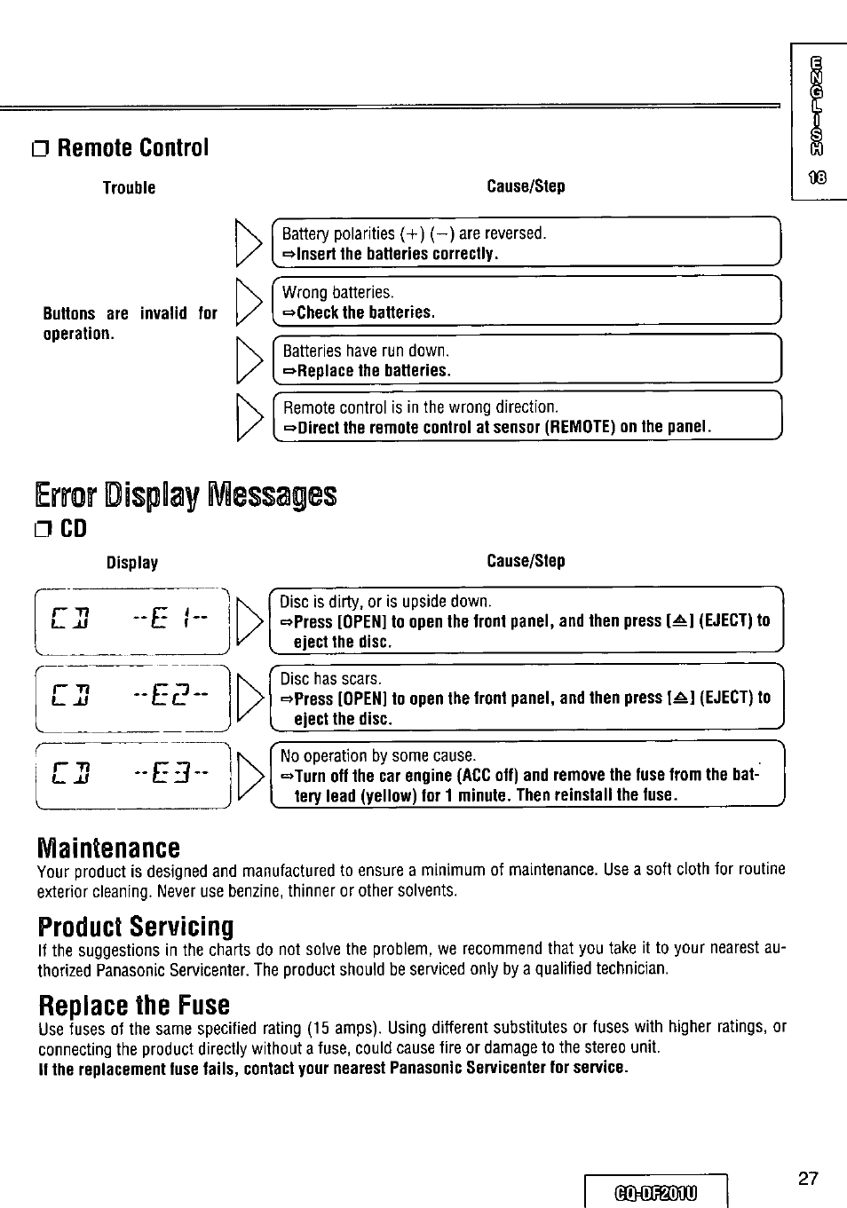 Remote control, Maintenance, Product servicing | Replace the fuse, Error display messages | Panasonic CQ-DF201U User Manual | Page 27 / 72