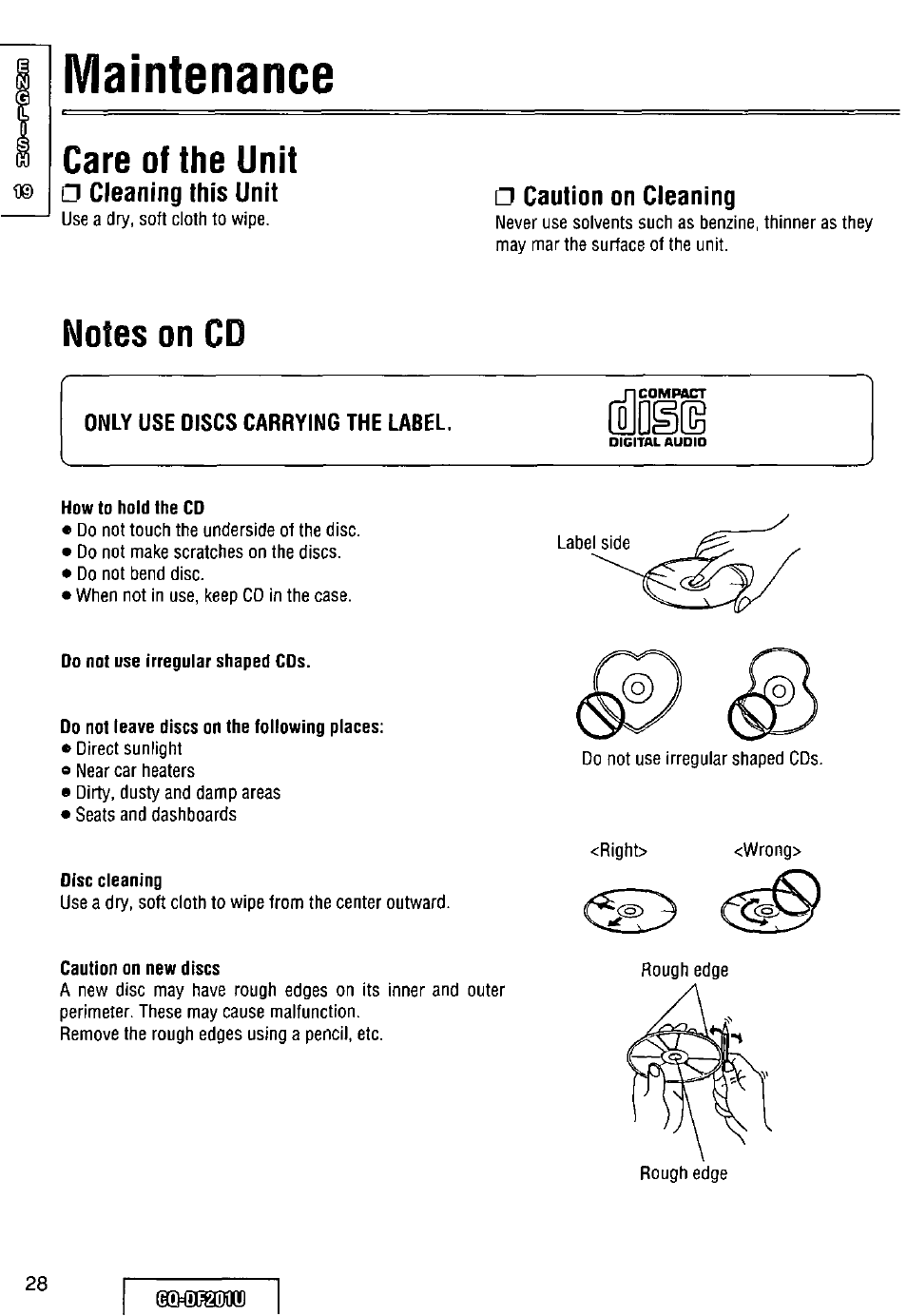 Maintenance, Caution on cieaning, Notes on cd | Only use discs carrying the label, Care of the unit, Cleaning this unit | Panasonic CQ-DF201U User Manual | Page 28 / 72