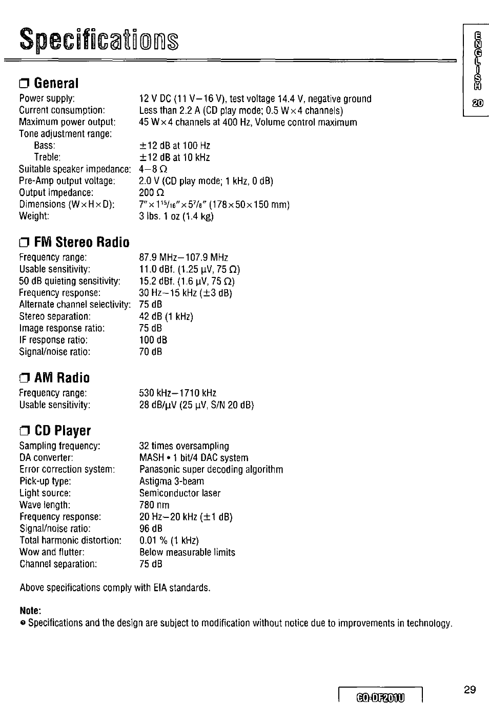 General, Fm stereo radio, Am radio | Cd piayer | Panasonic CQ-DF201U User Manual | Page 29 / 72