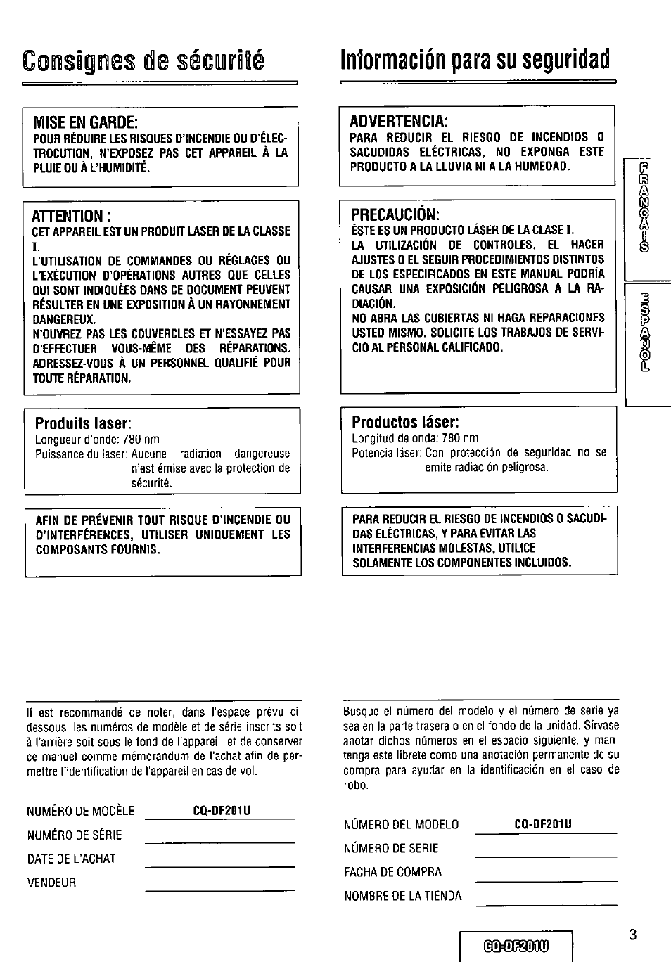 Consignes de, Información para su seguridad, Mise en garde | Ahention, Produits laser, Advertencia, Precaucion, Productos láser | Panasonic CQ-DF201U User Manual | Page 3 / 72