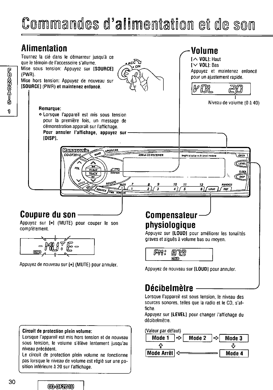 Alimentation, Remarque, Volume | Coupure du son, Décibelmètre, Compensateur— physiologique | Panasonic CQ-DF201U User Manual | Page 30 / 72