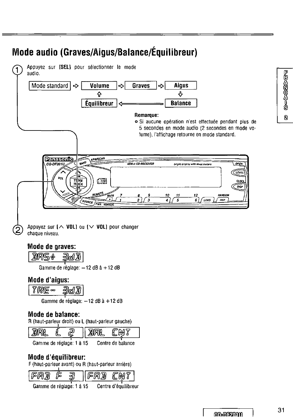 Mode audio (graves/aigus/balance/équilibreur), Mode d’aigus, Mode de balance | Mode d’équilibreur, Fsfîunsïîliim, Mil l mil, Ms emy, Cftsî | Panasonic CQ-DF201U User Manual | Page 31 / 72
