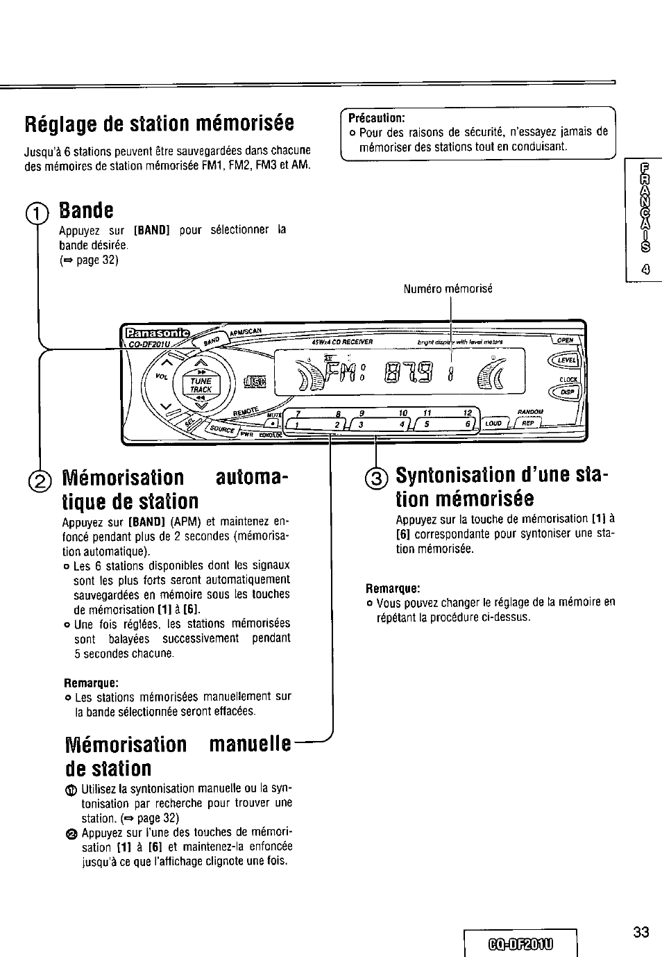 Réglage de station mémorisée, Précaution, Mémorisation automatique de station | Remarque, Mémorisation manuelle de station, Syntonisation d’une station mémorisée, Drzoïtu, Ф bande, Mémorisation automa tique de station, Syntonisation d’une sta tion mémorisée | Panasonic CQ-DF201U User Manual | Page 33 / 72