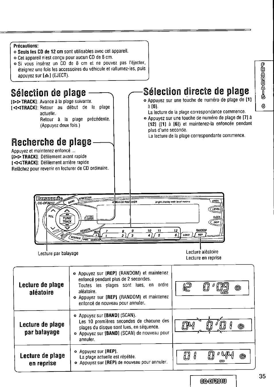 Sélection directe de plage, Lecture de plage aléatoire, Lecture de plage par balayage | Lecture de plage en reprise, Eqsofi20ilu | Panasonic CQ-DF201U User Manual | Page 35 / 72