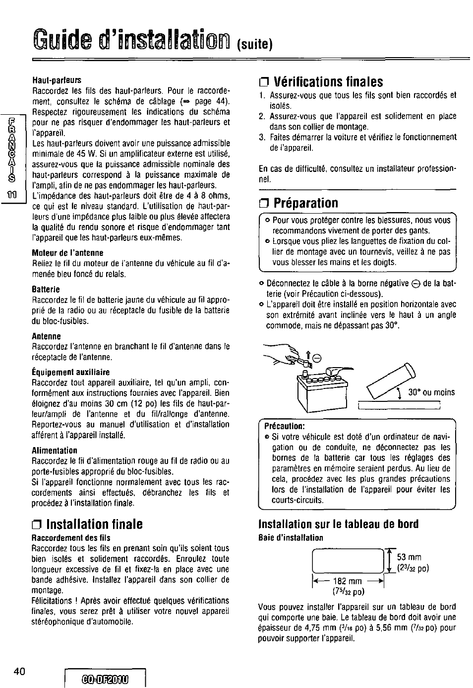 Suite), Haut-parleurs, Moteur de l’antenne | Batterie, Antenne, Alimentation, D installation finale, A vérifications finaies, Préparation, Installation sur le tableau de bord | Panasonic CQ-DF201U User Manual | Page 40 / 72