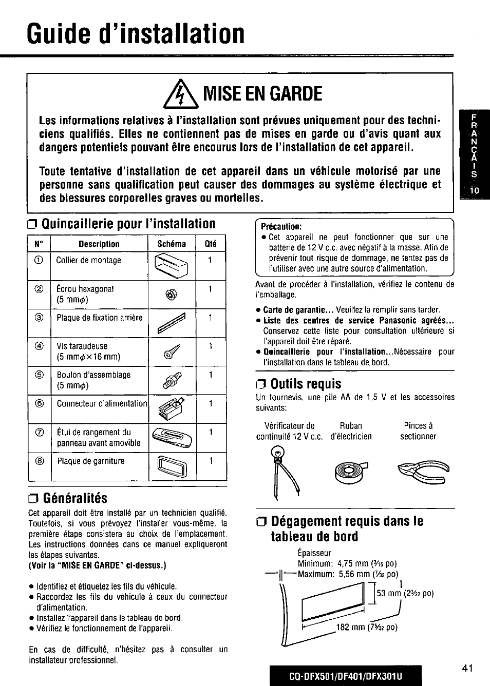 Guide d’installation, Quincaillerie pour rinstallation, Généralités | Outils requis, Dégagement requis dans le tableau de bord, Cq-dfx501/df401/ofx301u, Mise en garde, 2v32 | Panasonic CQ-DF201U User Manual | Page 41 / 72