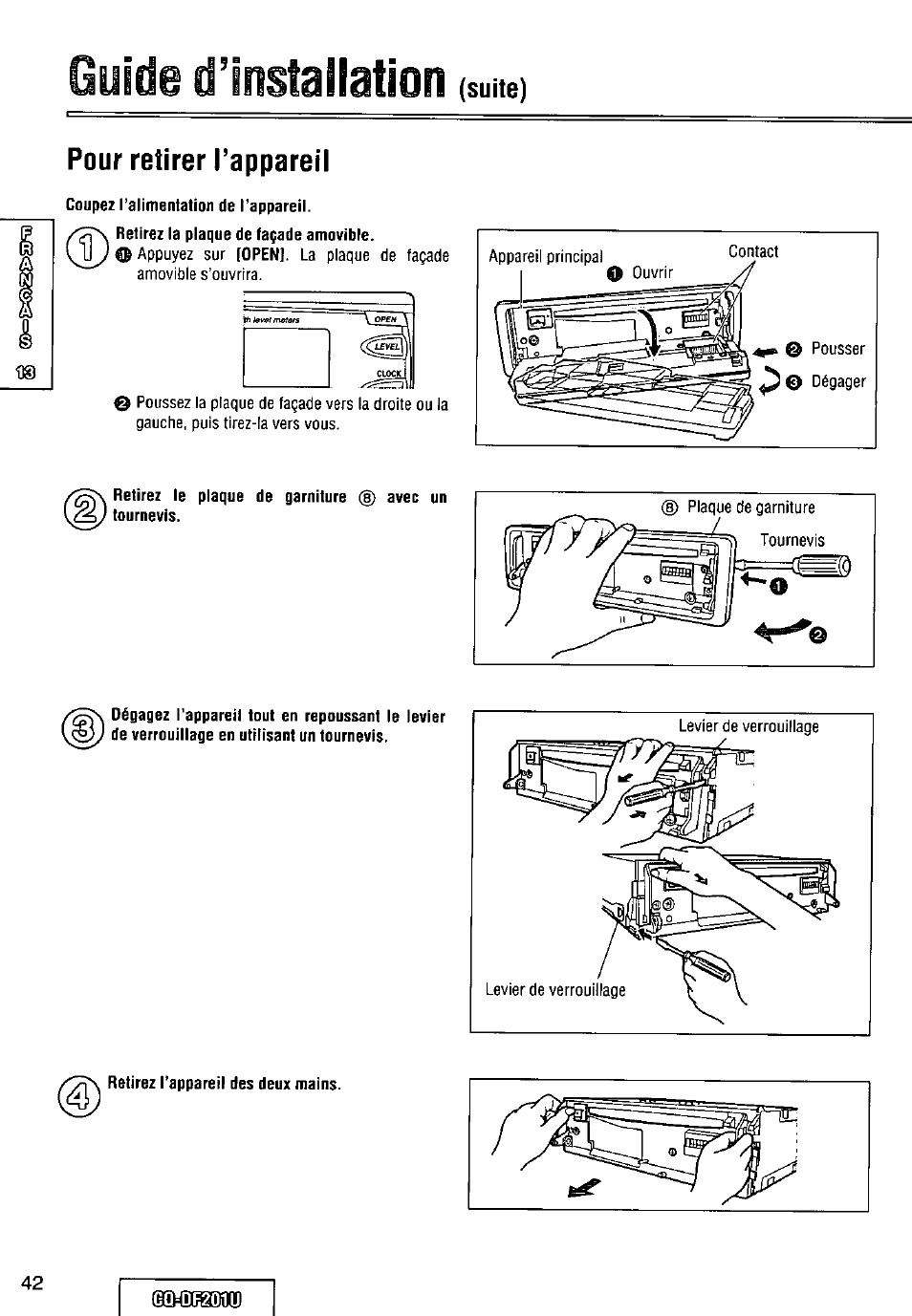 Guide dinstallation, Pour retirer l’appareil, Guide | Dinstallation | Panasonic CQ-DF201U User Manual | Page 42 / 72