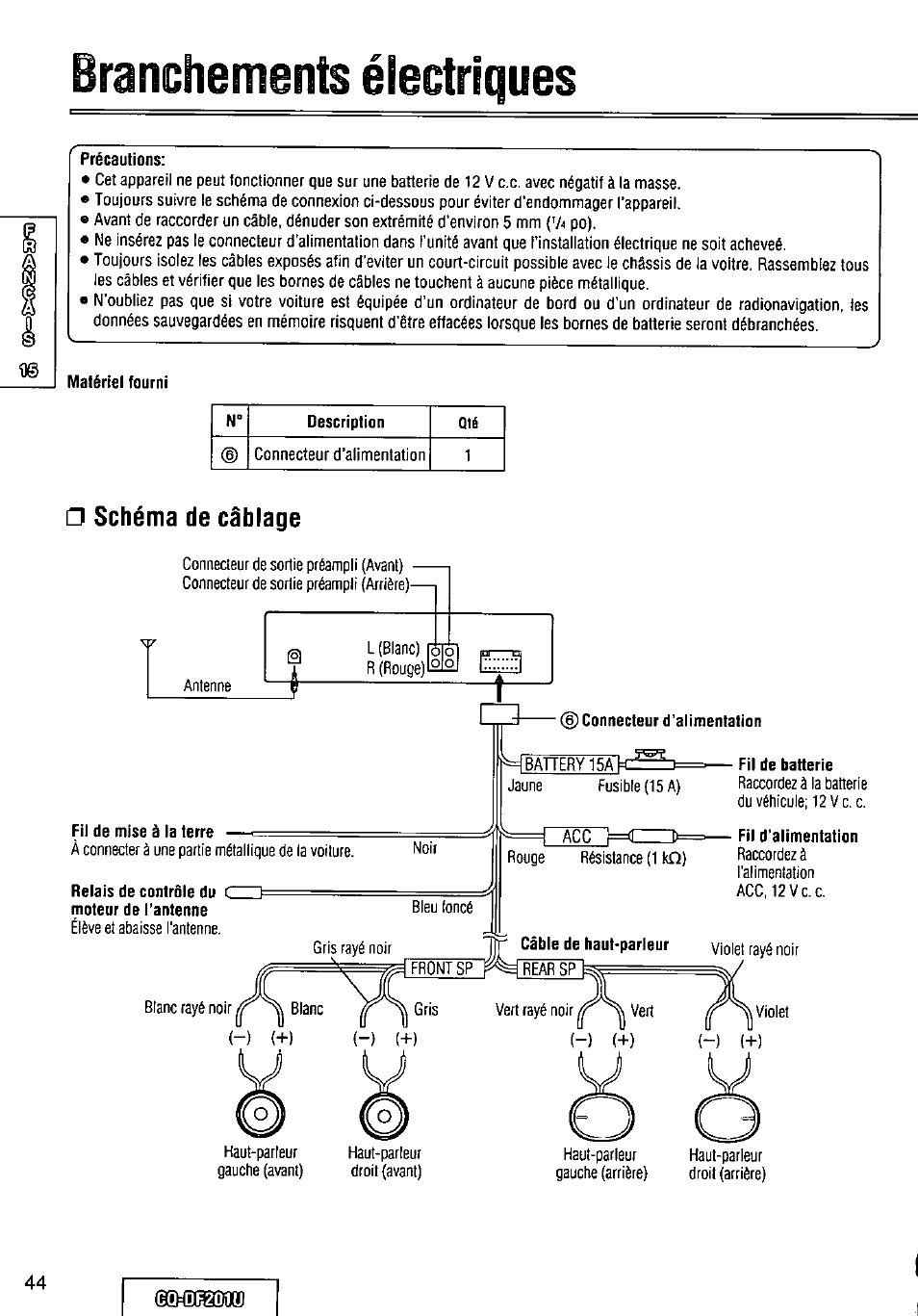 Branchements électriques, Précautions, Matériel fourni | Schéma de câblage, Fil de mise à la terre —1, Relais de contrôle du c moteur de l’antenne, D) connecteur d’alimentation, Fil de batterie, Fil d’alimentation, Dr20itu | Panasonic CQ-DF201U User Manual | Page 44 / 72