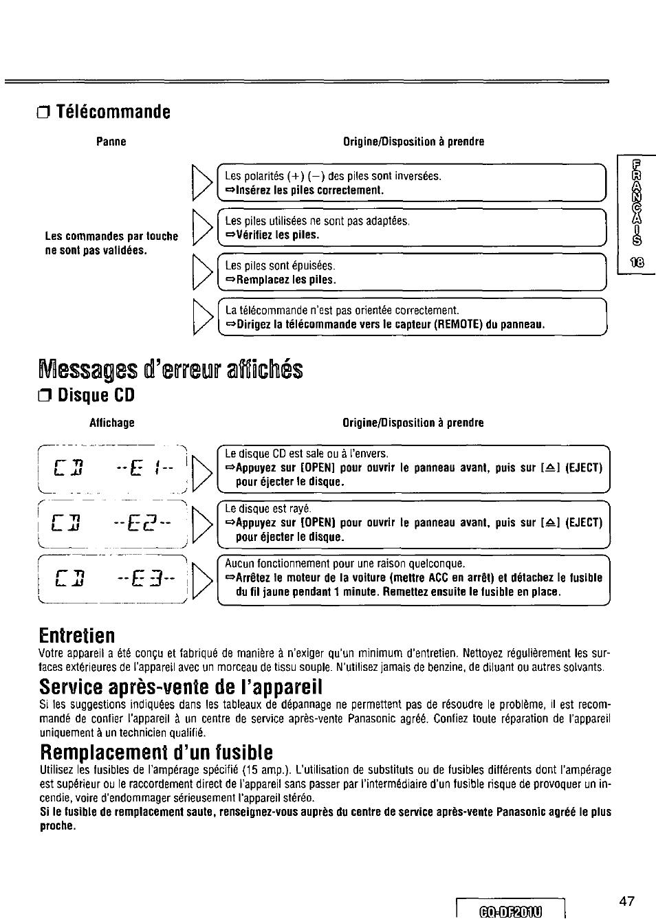 Télécommande, Panne, A disque cd | Affichage, Entretien, Service après-vente de l’appareil, Remplacement d’un fusible | Panasonic CQ-DF201U User Manual | Page 47 / 72