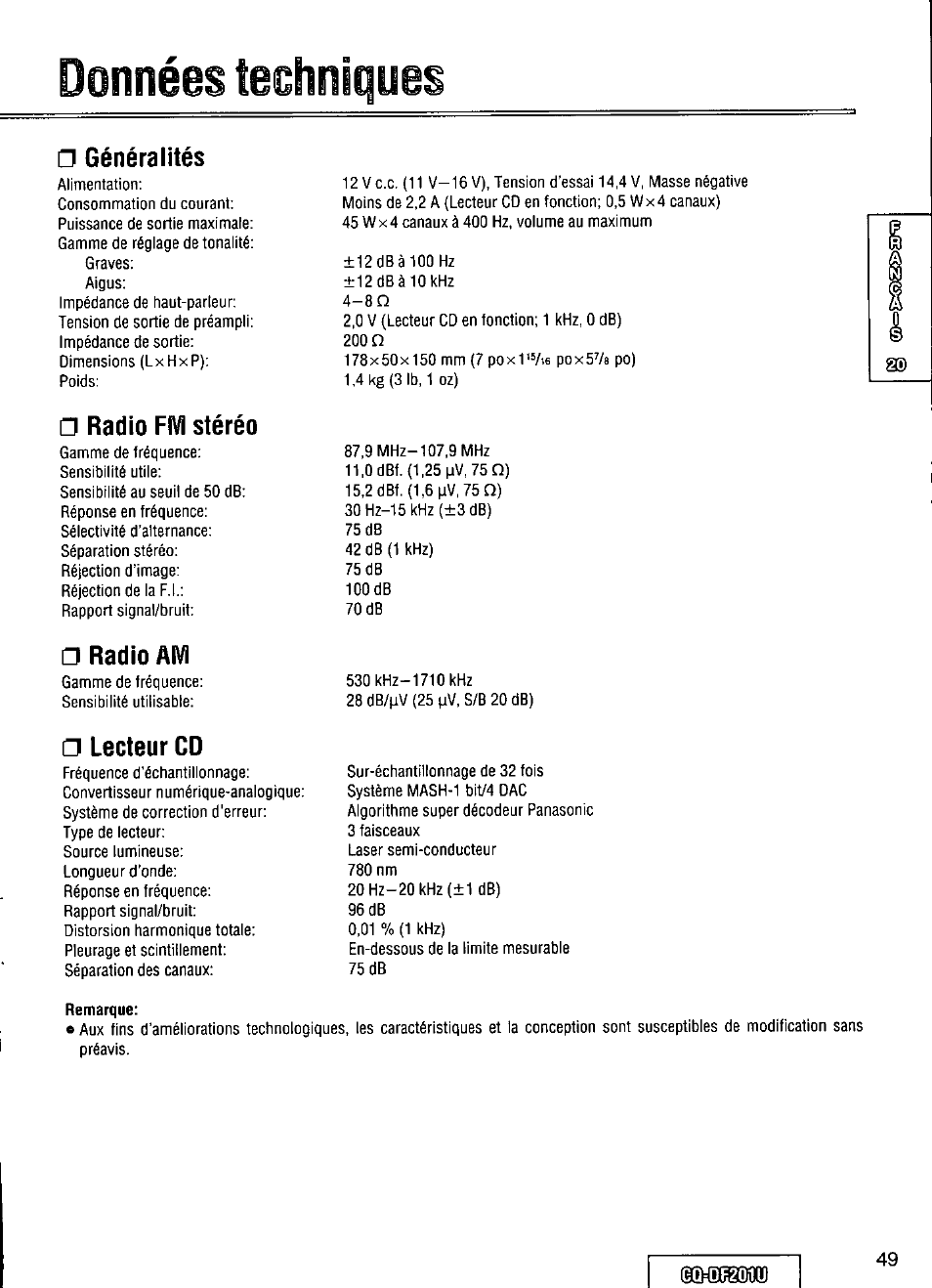 Données techniques, Radio ffvi stéréo, Radio am | Lecteur cd, Remarque, O données techniques, Généralités, Gqidf20 | Panasonic CQ-DF201U User Manual | Page 49 / 72