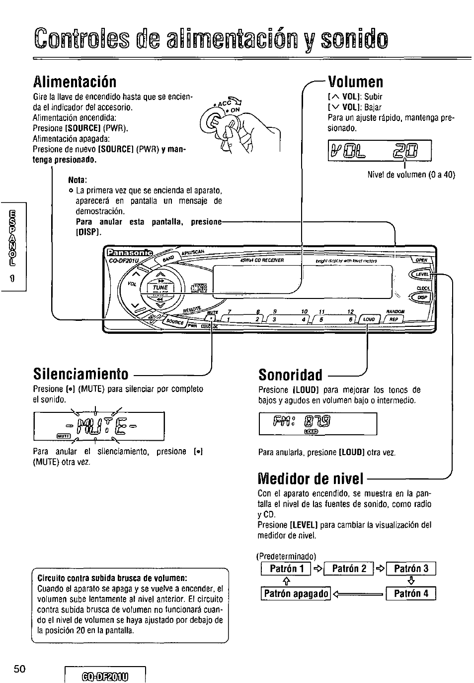 Alimentación, Nota, Volumen | Silenciamiento, Iviedidor de nivel, Silenciamiento sonoridad | Panasonic CQ-DF201U User Manual | Page 50 / 72