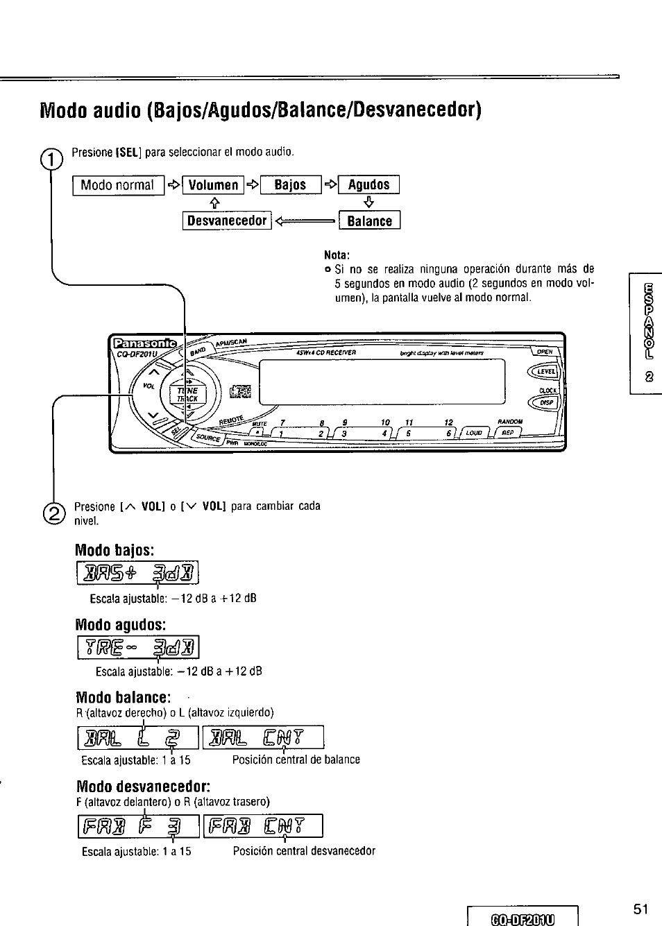 Ivlodo audio (bajos/agudos/balance/desvanecedor), Nota, Modo bajos | Modo agudos, Modo balance, Modo desvanecedor, Cm y, Mil í s | Panasonic CQ-DF201U User Manual | Page 51 / 72
