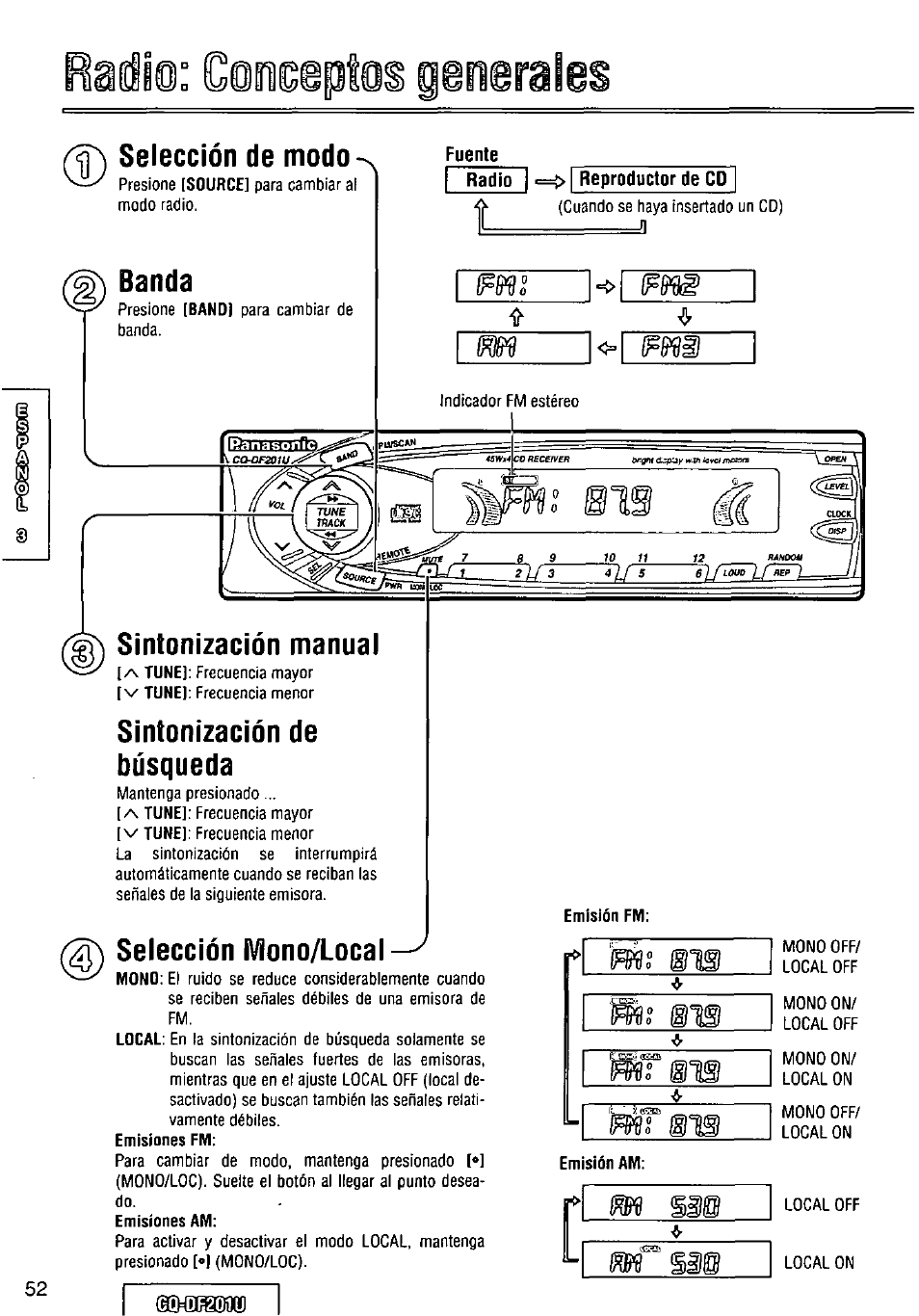 Selección de modo, Sintonización de búsqueda, Selección mono/local | Emisión fm, Eiioi; conceptos genera, Banda, Sintonización manual | Panasonic CQ-DF201U User Manual | Page 52 / 72