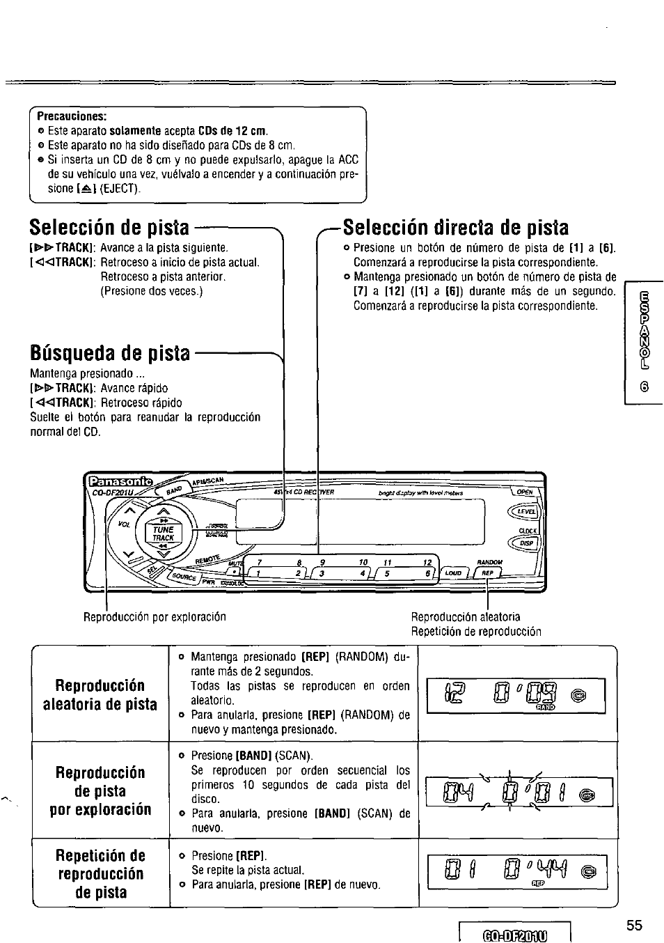 Selección de pista, Búsqueda de pista, Selección directa de pista | Reproducción aleatoria de pista, 0''^ ® reproducción de pista por exploración, Repetición de reproducción de pista, 0« 0^w | Panasonic CQ-DF201U User Manual | Page 55 / 72