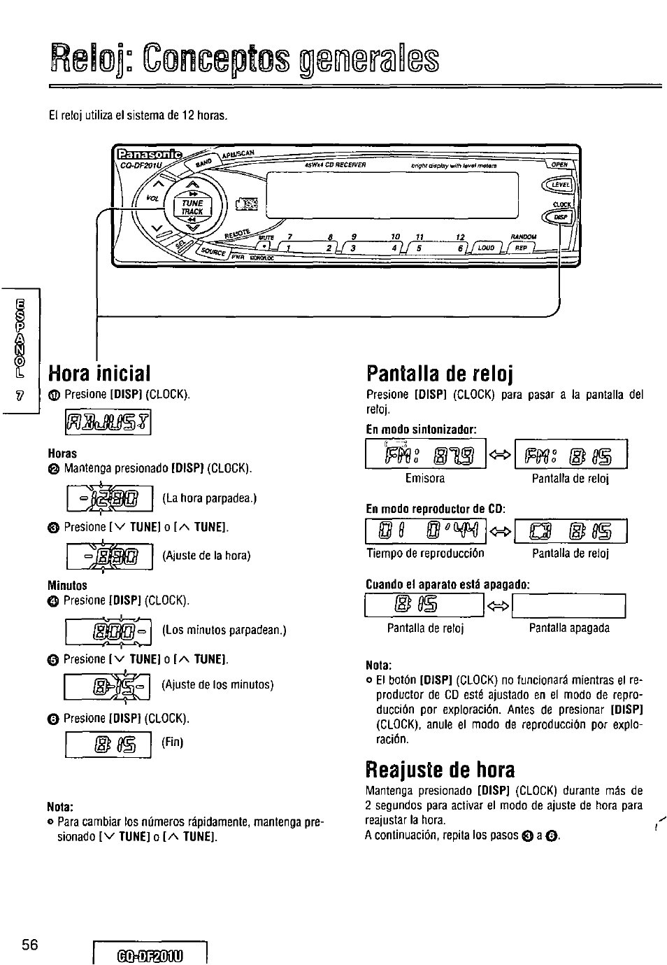 Pantalla de reloj, Reajuste de hora, Hora inicial | Panasonic CQ-DF201U User Manual | Page 56 / 72