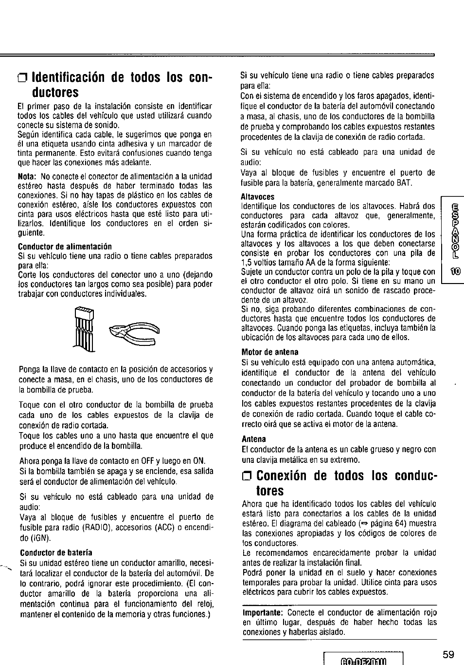 Identificación de todos ios conductores, Conductor de batería, Altavoces | Motor de amena, Antena, Tores, Conexión de todos los conduc, Identificación de todos ios con­ ductores, Tores □ conexión de todos los conduc | Panasonic CQ-DF201U User Manual | Page 59 / 72