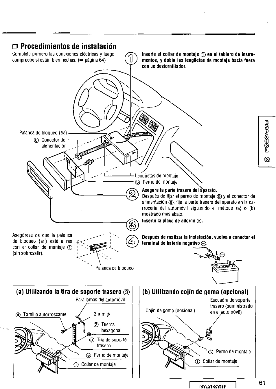 Procedimientos de instaiación, A) utilizando la tira de soporte trasero, B) utilizando cojín de goma (opcional) | Panasonic CQ-DF201U User Manual | Page 61 / 72