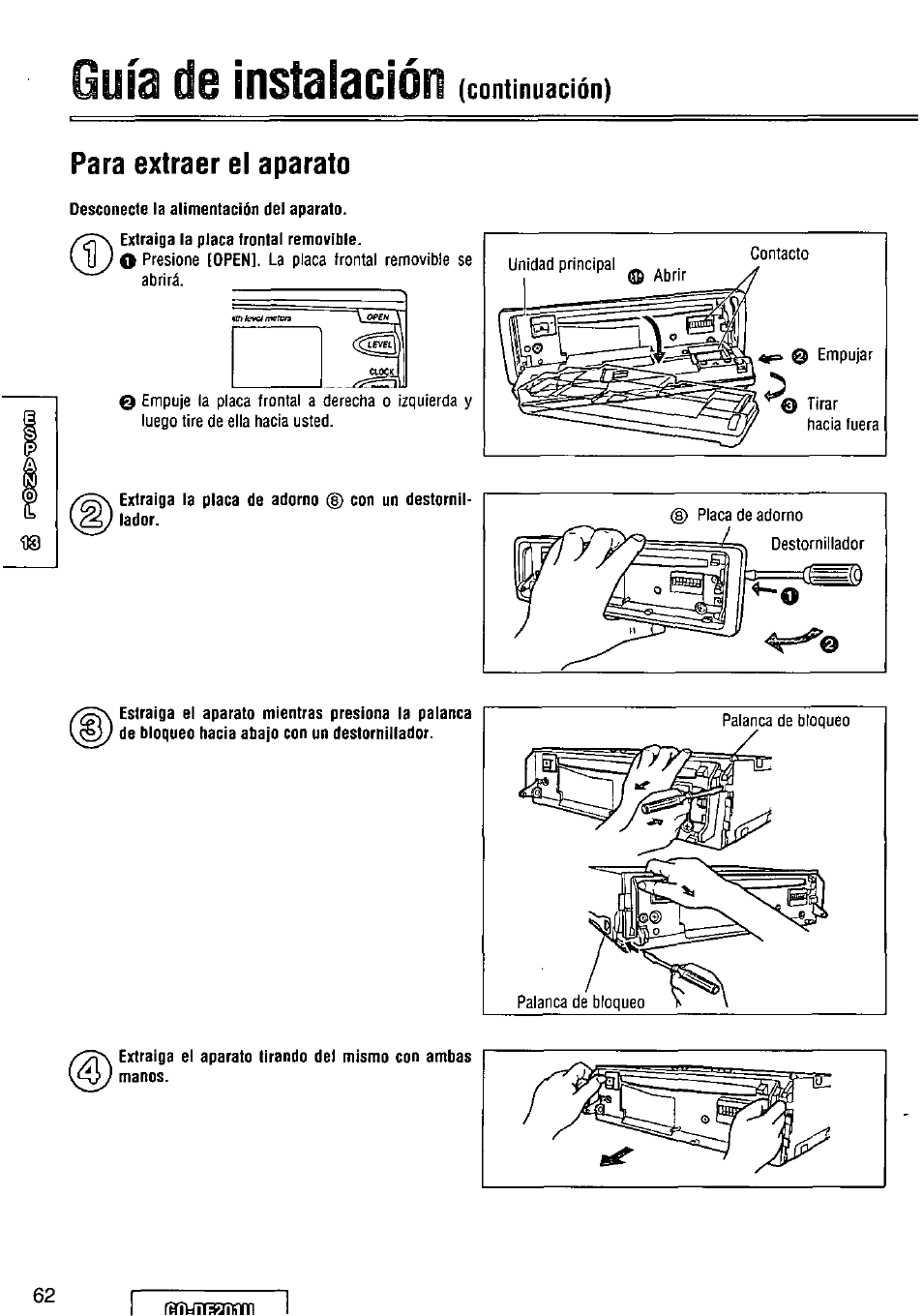 Continuación), Para extraer el aparato, De instalación | Guía | Panasonic CQ-DF201U User Manual | Page 62 / 72