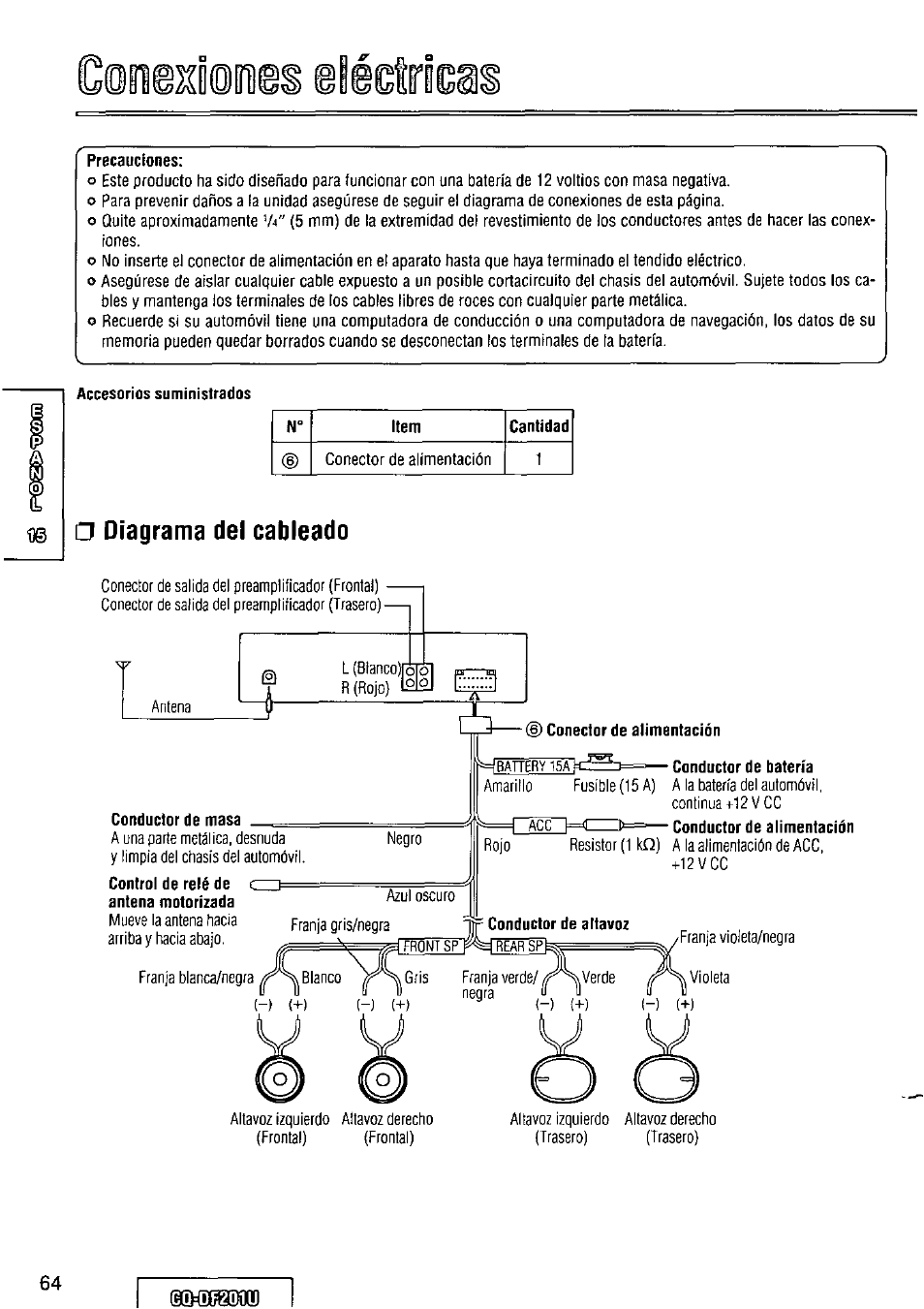 Precauciones, Accesorios suministrados, Diagrama del cableado | Conductor de masa, Conductor de batería | Panasonic CQ-DF201U User Manual | Page 64 / 72