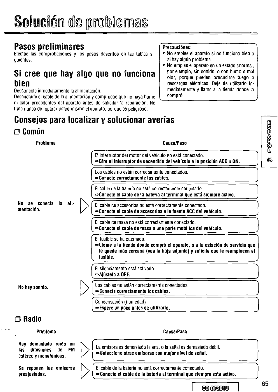 Pasos preliminares, Si cree que hay algo que no funciona bien, Problema causa/paso | No hay sonido, Radio, Problema, Causa/paso, Dlhiisdois | Panasonic CQ-DF201U User Manual | Page 65 / 72