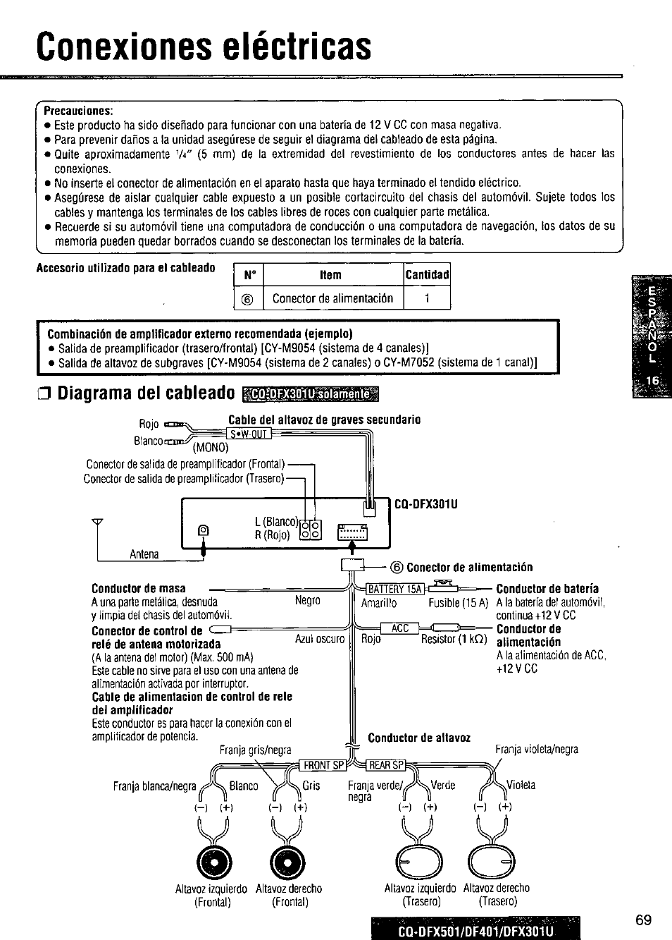 Conexiones eléctricas, Precauciones, Icïicdex301 utsolarnentel | Diagrama del cableado, Cq-dfx301u, I ,,, -i © conector de alimentación, Conductor de masa, Conductor de batería, Conductor de altavoz, Cq-dfx501/df401/dfx301u | Panasonic CQ-DF201U User Manual | Page 69 / 72