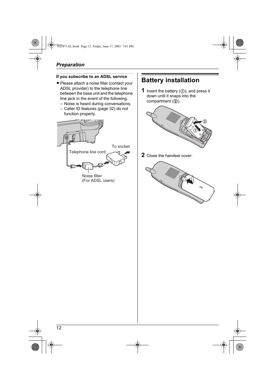 Battery installation | Panasonic KX-TG5871AL User Manual | Page 12 / 88