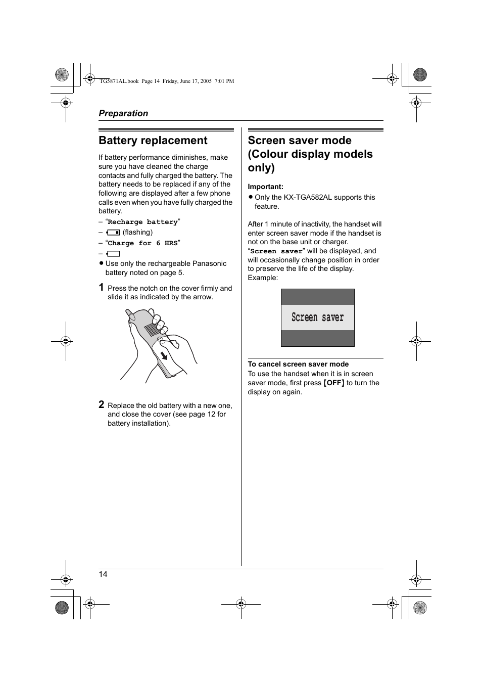 Screen saver, Battery replacement, Screen saver mode (colour display models only) | Panasonic KX-TG5871AL User Manual | Page 14 / 88