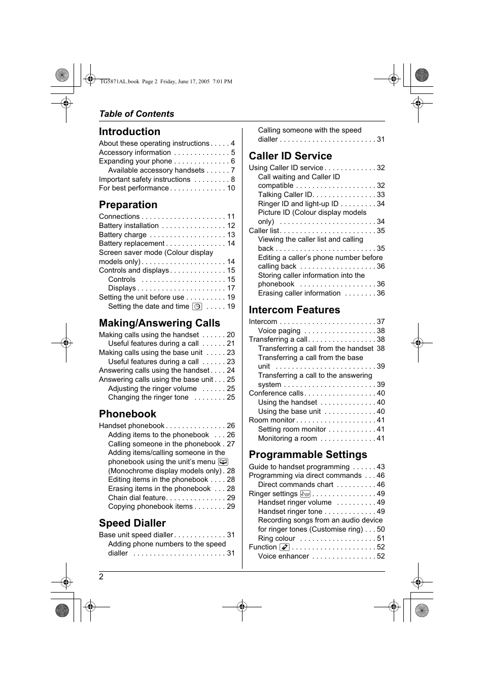 Introduction, Preparation, Making/answering calls | Phonebook, Speed dialler, Caller id service, Intercom features, Programmable settings | Panasonic KX-TG5871AL User Manual | Page 2 / 88